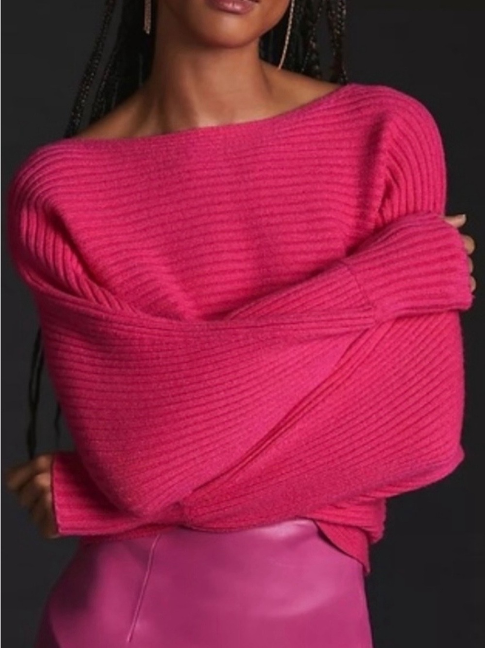 Anthropologie Hot Pink Ribbed Off-the-Shoulder Sweater